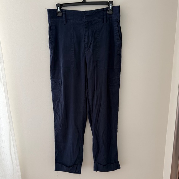 Vince Pants - Vince Womens Navy Blue Linen Blend Cargo Pants Elastic Waist Straight Leg Size M
